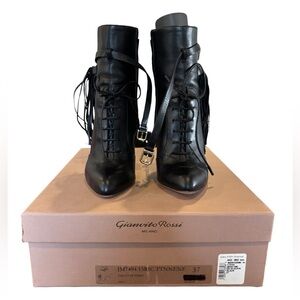 Gianvito Rossi Black Lace-Up Leather Boots with Fringe Detail